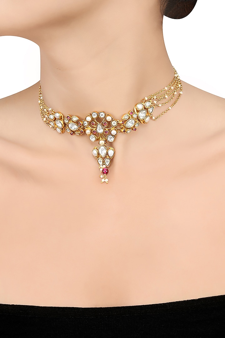 Gold Finish Pearl & Crystal Floral Choker Necklace by Tribe Amrapali at Pernia's Pop Up Shop