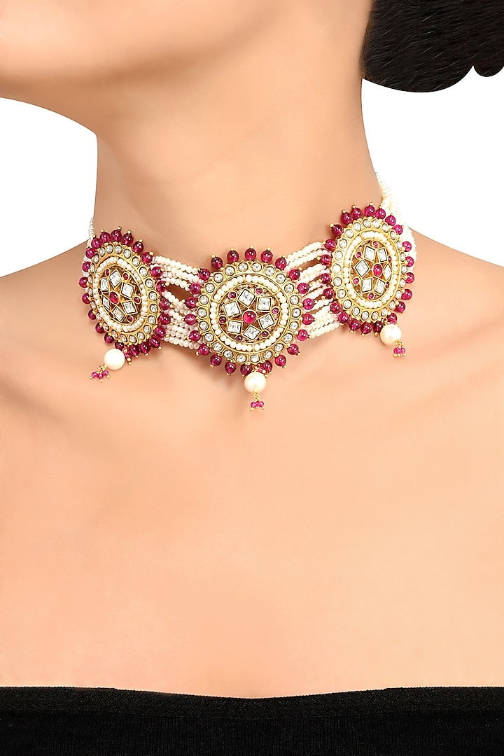 Gold Finish Pearl & Crystal Floral Choker Necklace by Tribe Amrapali