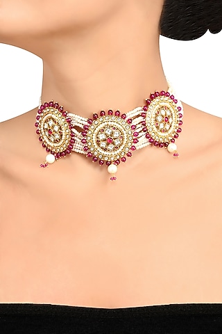 Gold Finish Pearl & Crystal Floral Choker Necklace by Tribe Amrapali