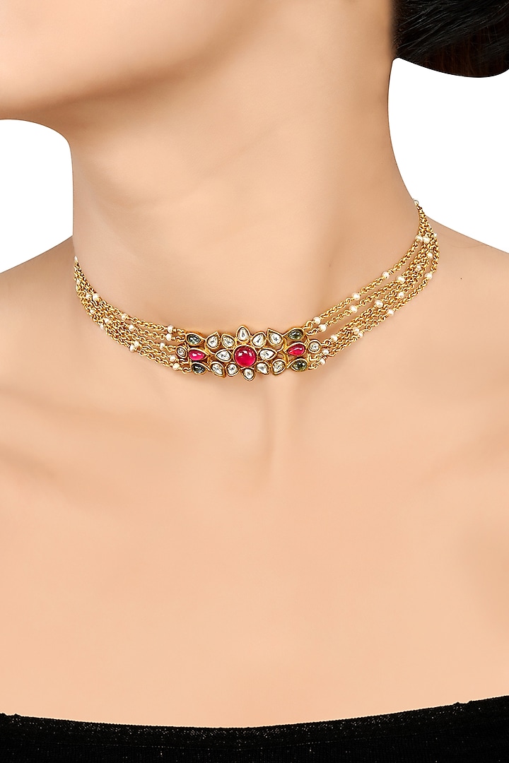 Gold Finish Pearl & Crystal Floral Choker Necklace by Tribe Amrapali