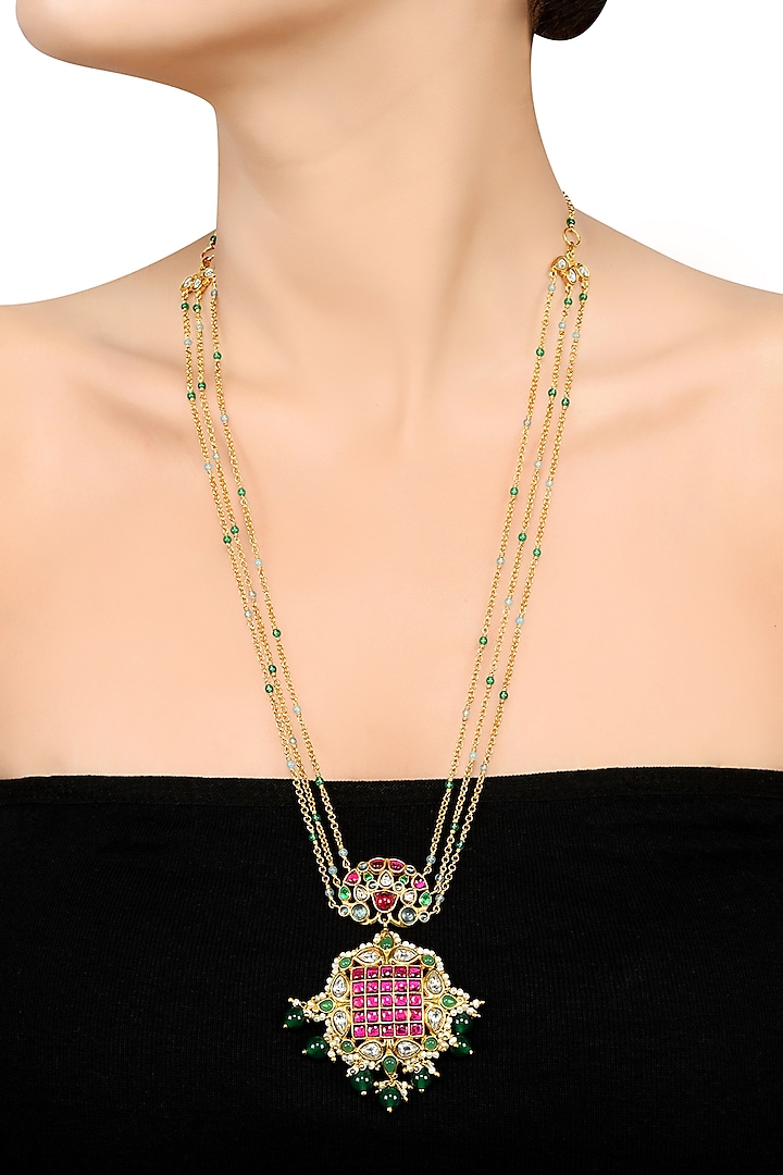 Gold Finish Pearl & Crystal Floral Pendant Necklace by Tribe Amrapali