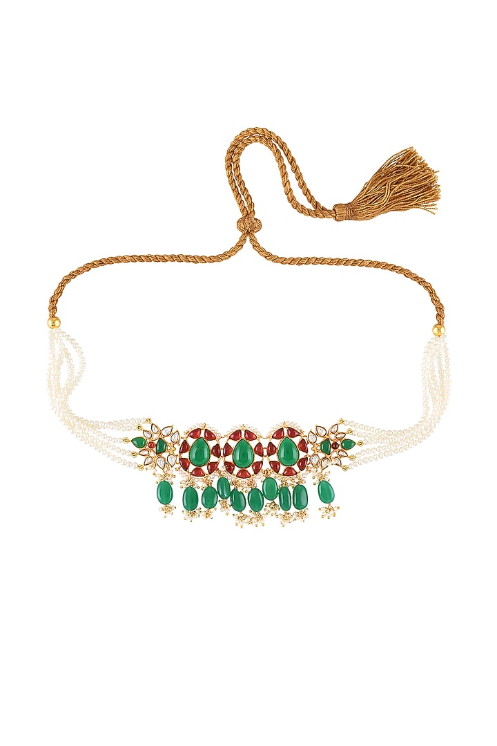 Gold Finish Pearl & Crystal Floral Choker Necklace by Tribe Amrapali at Pernia's Pop Up Shop