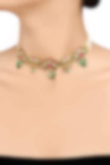 Gold Finish Pearl & Crystal Floral Choker Necklace by Tribe Amrapali