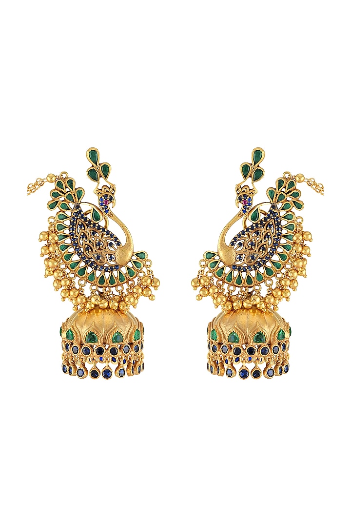 Gold Finish Peacock Jhumka Earrings by Tribe Amrapali
