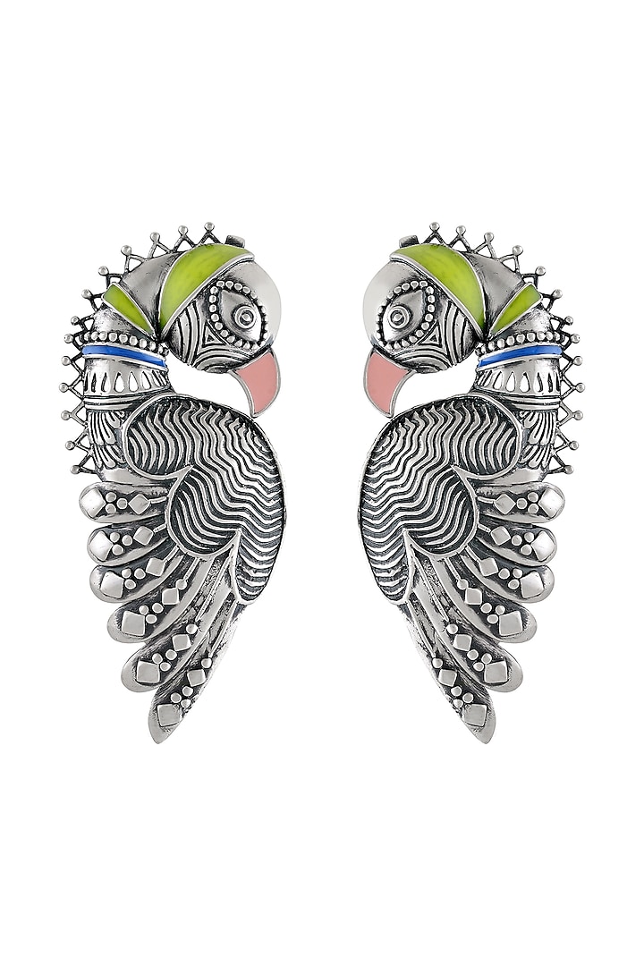 Oxidised Silver Finish Enameled Bird Ear Cuffs by Tribe Amrapali at Pernia's Pop Up Shop