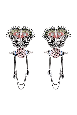 Oxidised Silver Finish Enameled Earrings by Tribe Amrapali