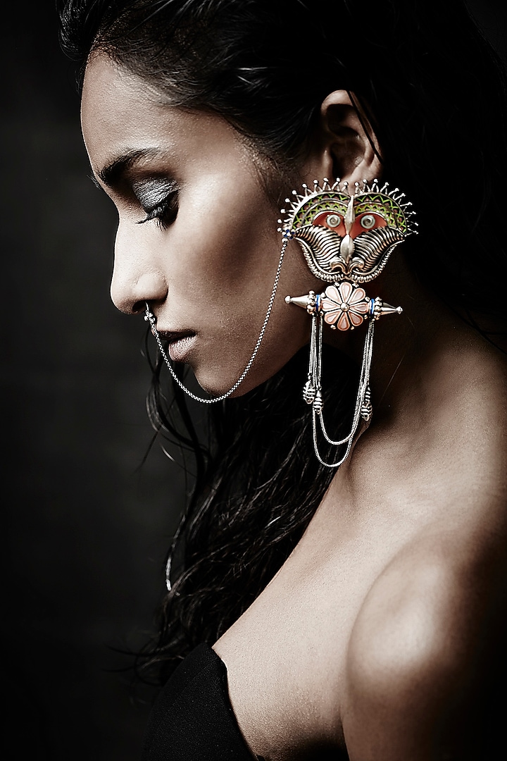 Oxidised Silver Finish Enameled Earrings by Tribe Amrapali at Pernia's Pop Up Shop