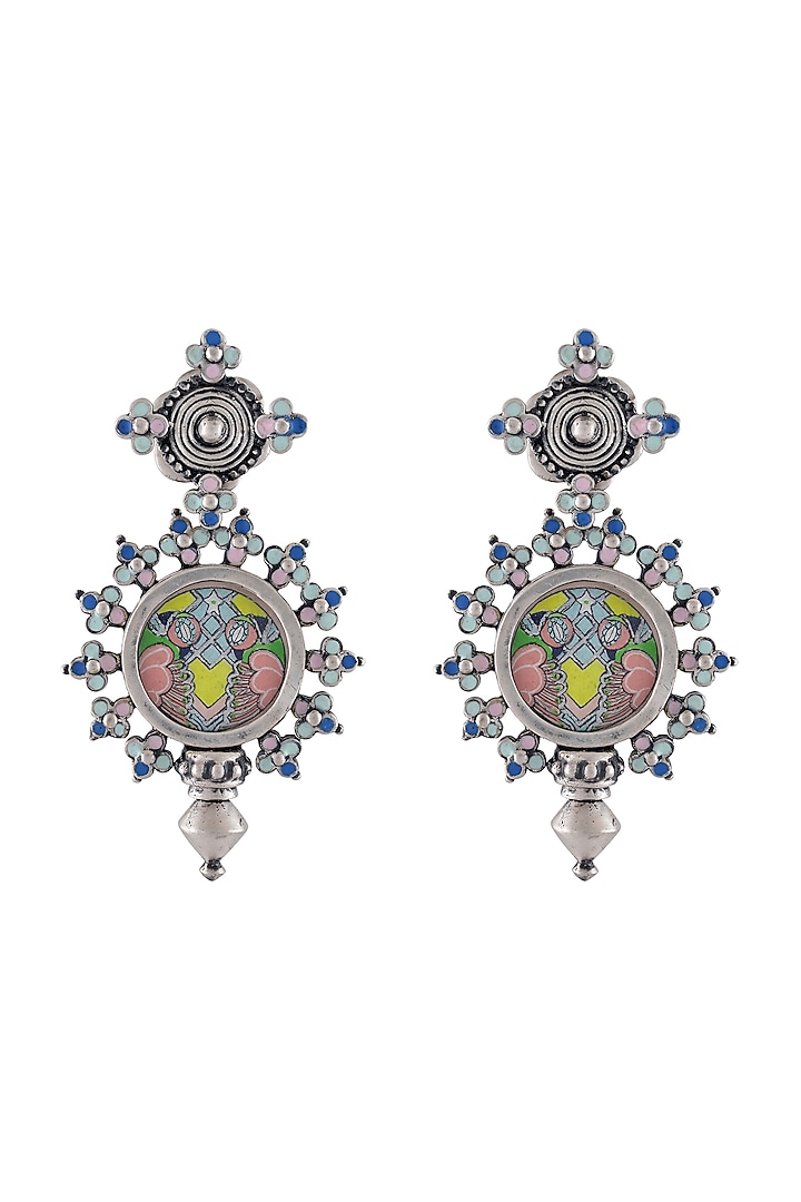 Oxidised Silver Finish Hand-Painted Floral Earrings by Tribe Amrapali at Pernia's Pop Up Shop