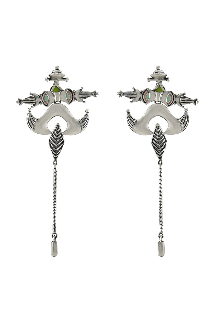 Oxidised Silver Finish Enameled Horns Stupa Earrings by Tribe Amrapali at Pernia's Pop Up Shop