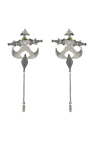 Oxidised Silver Finish Enameled Horns Stupa Earrings by Tribe Amrapali