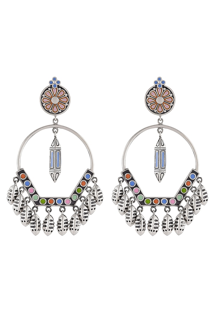 Oxidised Silver Finish Enameled Dangler Earrings by Tribe Amrapali at Pernia's Pop Up Shop