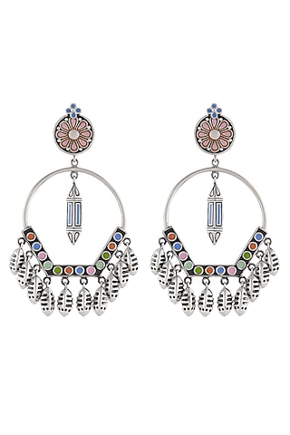 Oxidised Silver Finish Enameled Dangler Earrings by Tribe Amrapali