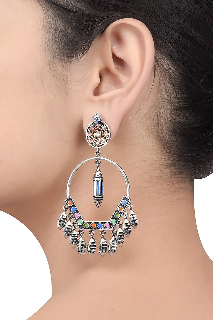 Oxidised Silver Finish Enameled Dangler Earrings by Tribe Amrapali at Pernia's Pop Up Shop