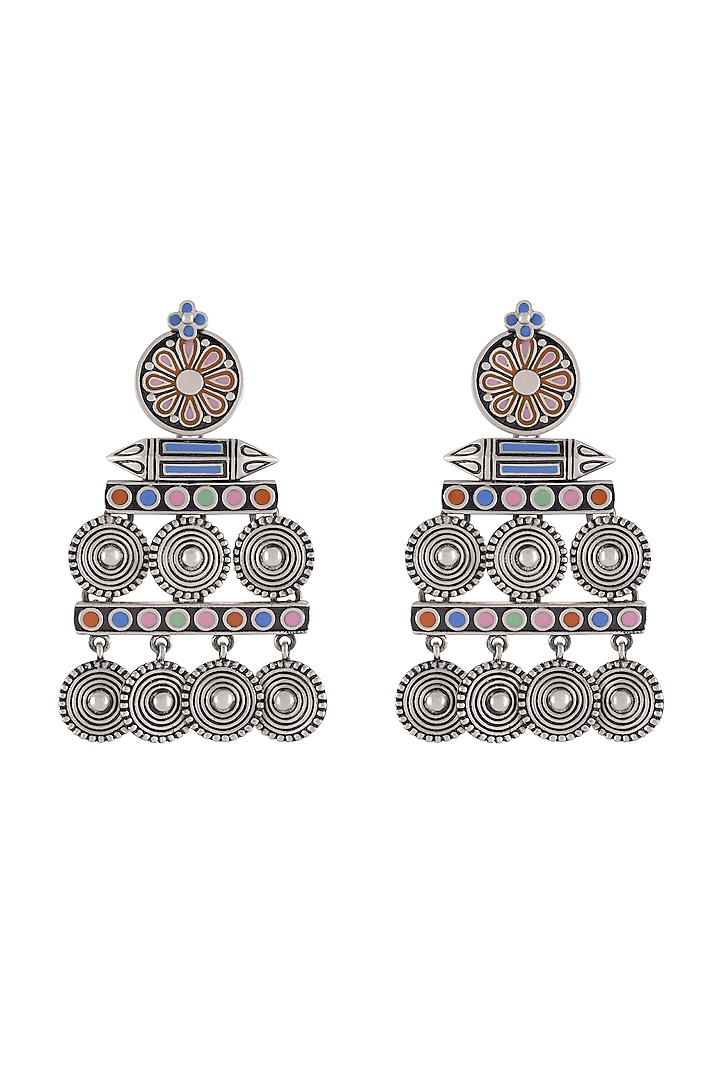 Oxidised Silver Finish Enameled Coin-Charm Earrings by Tribe Amrapali at Pernia's Pop Up Shop