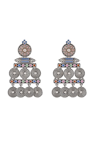 Oxidised Silver Finish Enameled Coin-Charm Earrings by Tribe Amrapali