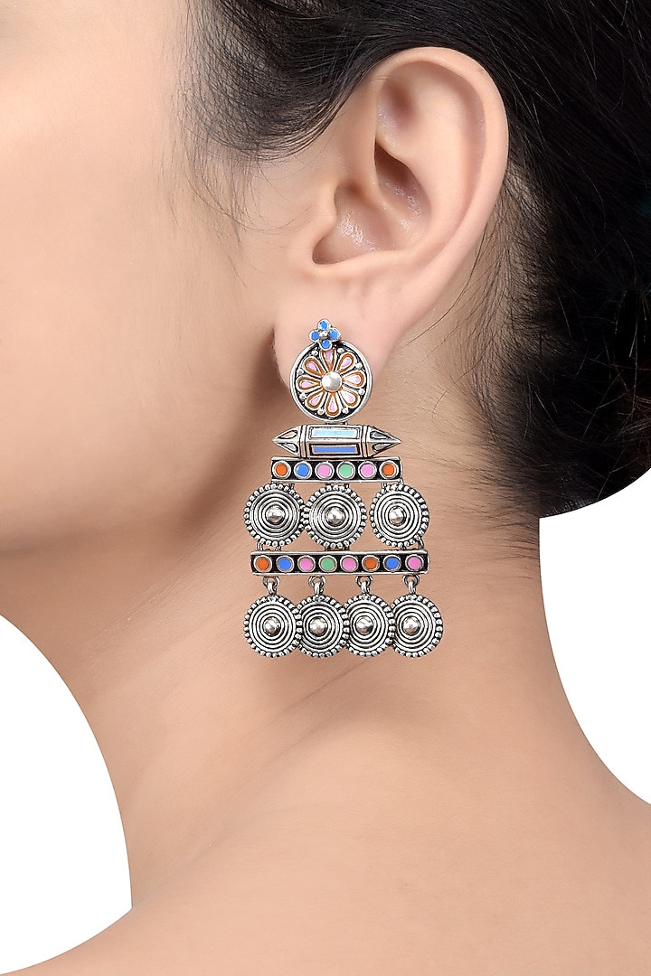 Oxidised Silver Finish Enameled Coin-Charm Earrings by Tribe Amrapali at Pernia's Pop Up Shop