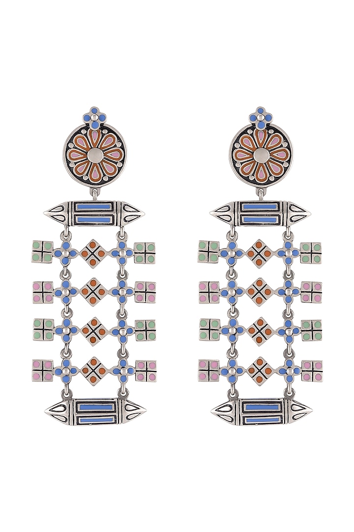 Oxidised Silver Finish Enameled Square-Charm Earrings by Tribe Amrapali at Pernia's Pop Up Shop