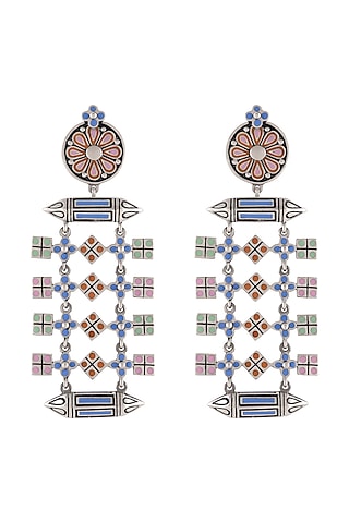 Oxidised Silver Finish Enameled Square-Charm Earrings by Tribe Amrapali