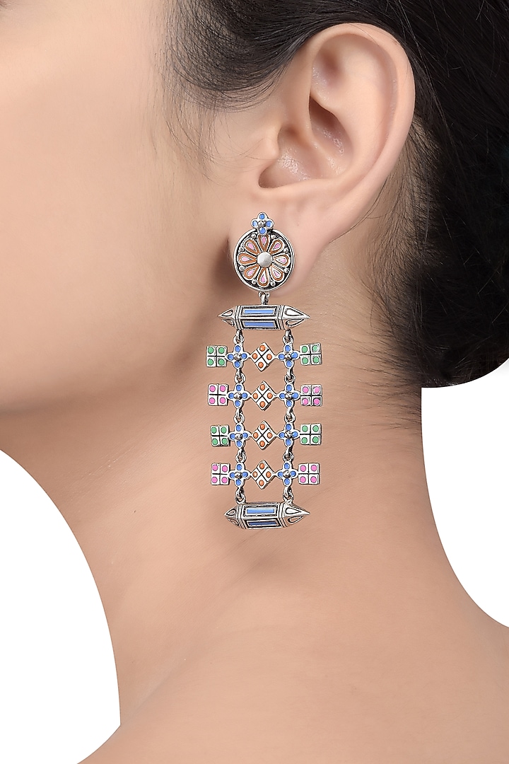 Oxidised Silver Finish Enameled Square-Charm Earrings by Tribe Amrapali at Pernia's Pop Up Shop