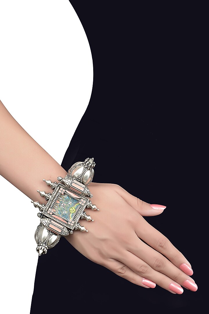 Oxidised Silver Finish Hand Painted Cuff by Tribe Amrapali at Pernia's Pop Up Shop