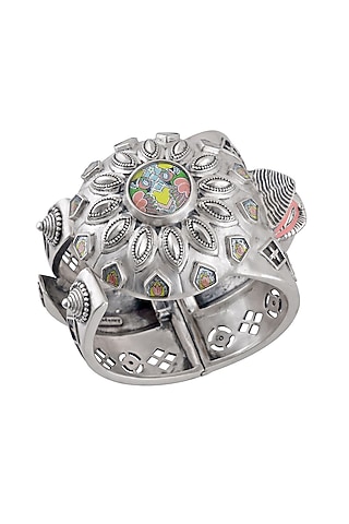 Oxidised Silver Finish Hand Painted Tribal Motif Cuff by Tribe Amrapali