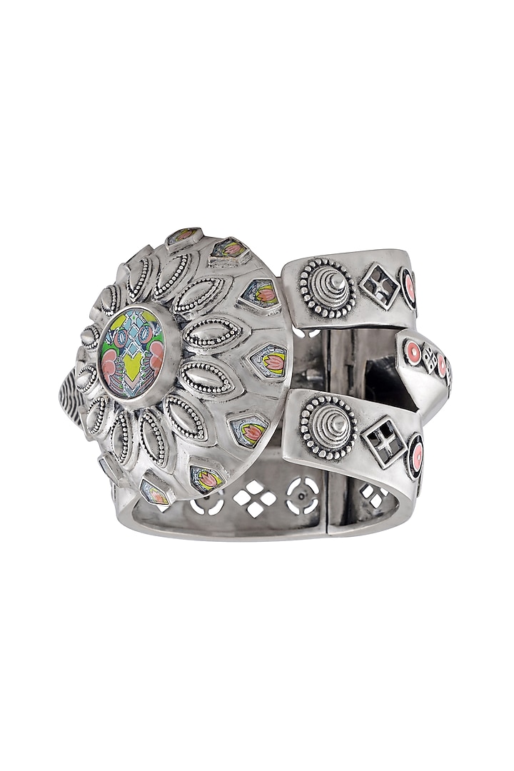 Oxidised Silver Finish Hand Painted Tribal Motif Cuff by Tribe Amrapali at Pernia's Pop Up Shop