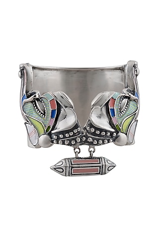Oxidised Silver Finish Enameled Elephant Cuff by Tribe Amrapali