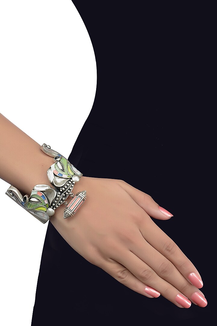 Oxidised Silver Finish Enameled Elephant Cuff by Tribe Amrapali at Pernia's Pop Up Shop