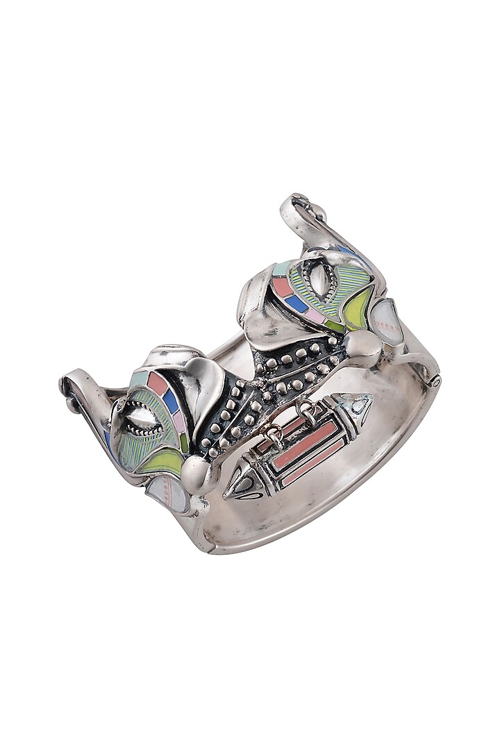 Oxidised Silver Finish Enameled Elephant Cuff by Tribe Amrapali at Pernia's Pop Up Shop