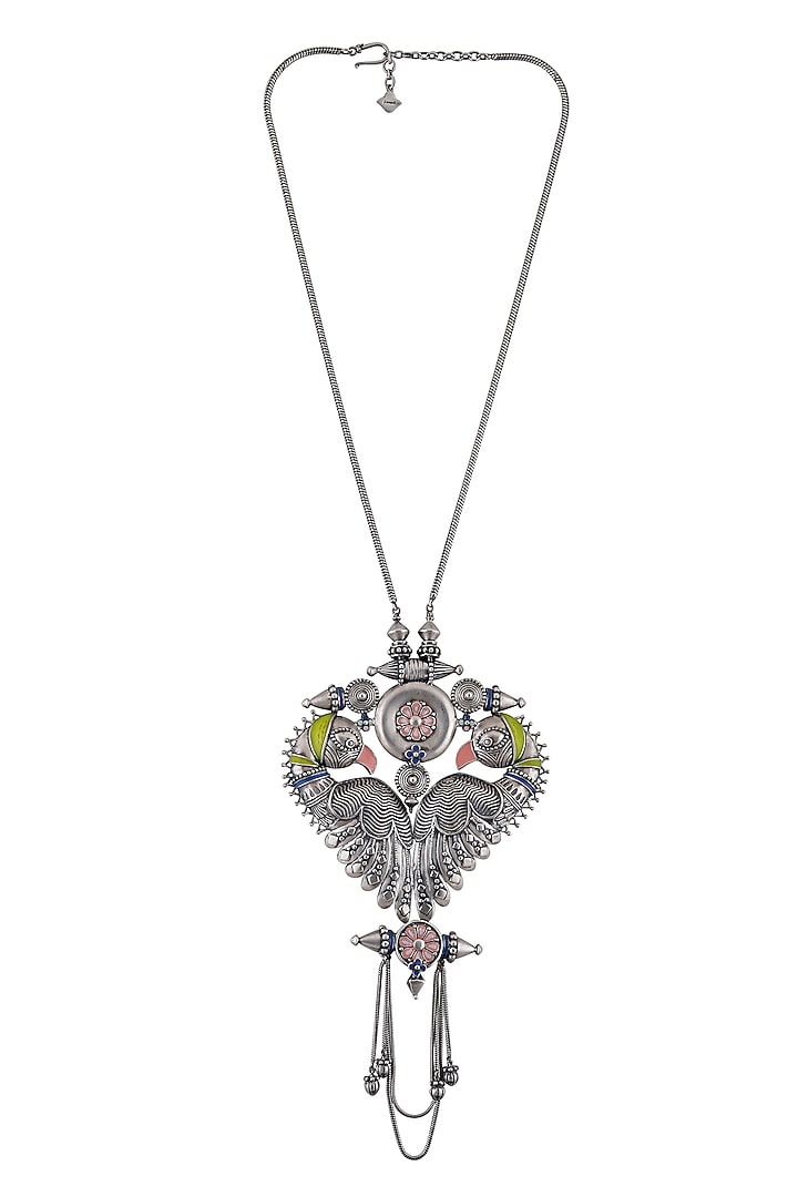 Oxidised Silver Finish Enameled Bird Necklace by Tribe Amrapali at Pernia's Pop Up Shop