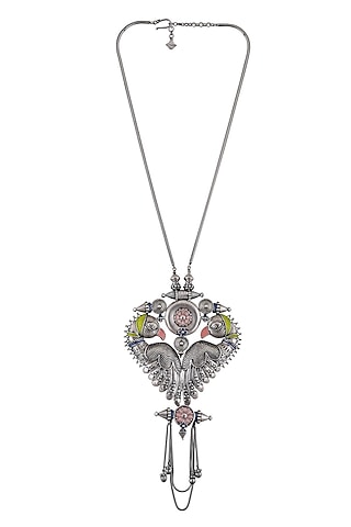Oxidised Silver Finish Enameled Bird Necklace by Tribe Amrapali