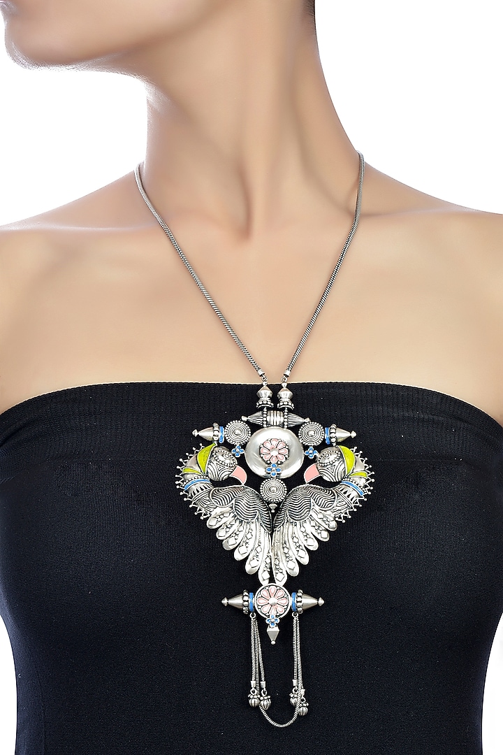 Oxidised Silver Finish Enameled Bird Necklace by Tribe Amrapali at Pernia's Pop Up Shop