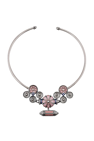 Oxidised Silver Finish Enameled Floral Necklace by Tribe Amrapali