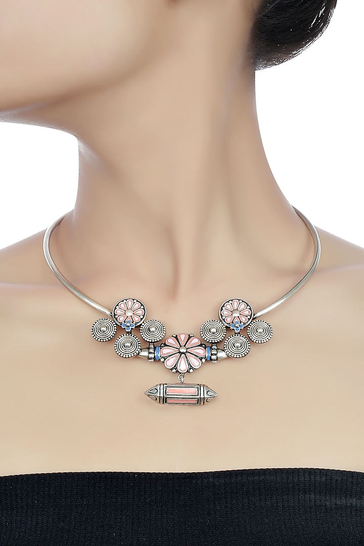 Oxidised Silver Finish Enameled Floral Necklace by Tribe Amrapali at Pernia's Pop Up Shop