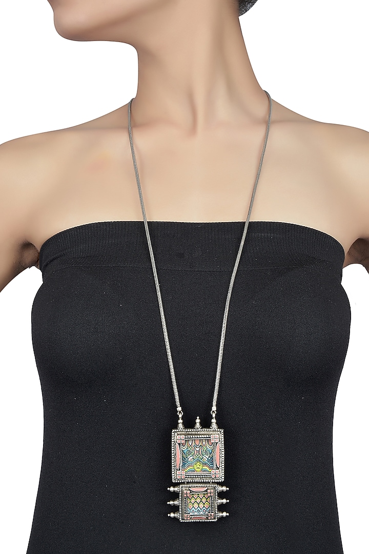 Oxidised Silver Finish Hand Painted Necklace by Tribe Amrapali at Pernia's Pop Up Shop
