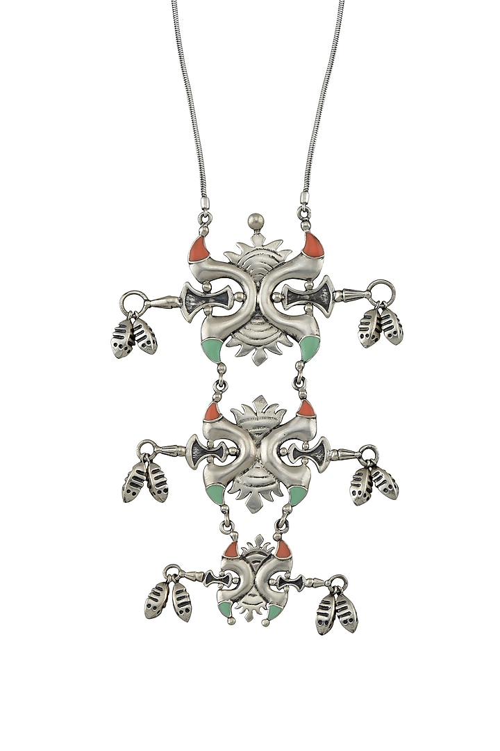 Oxidised Silver Finish Enameled Long Necklace by Tribe Amrapali at Pernia's Pop Up Shop
