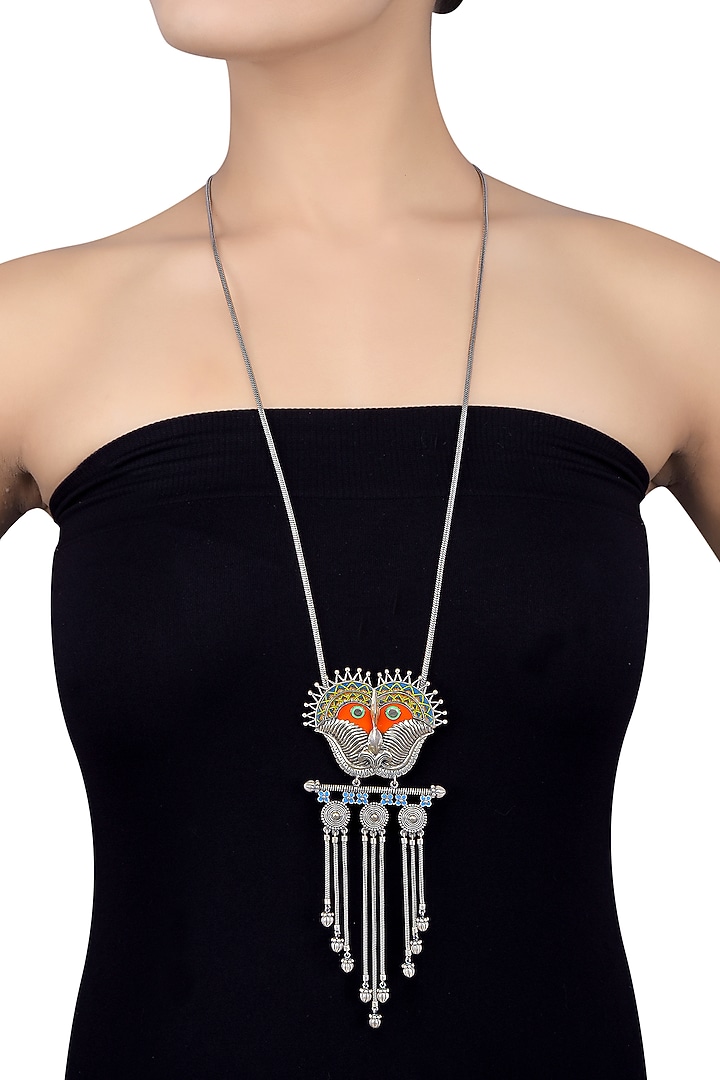 Oxidised Silver Finish Handcrafted Enameled Necklace by Tribe Amrapali at Pernia's Pop Up Shop