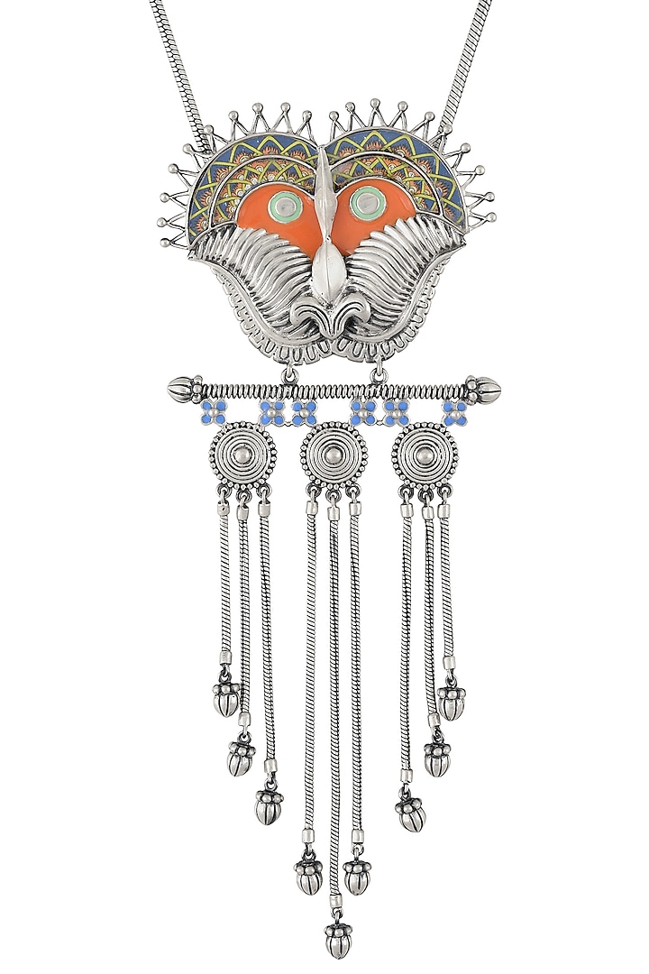 Oxidised Silver Finish Handcrafted Enameled Necklace by Tribe Amrapali at Pernia's Pop Up Shop