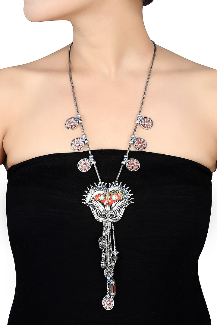 Oxidised Silver Finish Enameled Charm Necklace by Tribe Amrapali at Pernia's Pop Up Shop