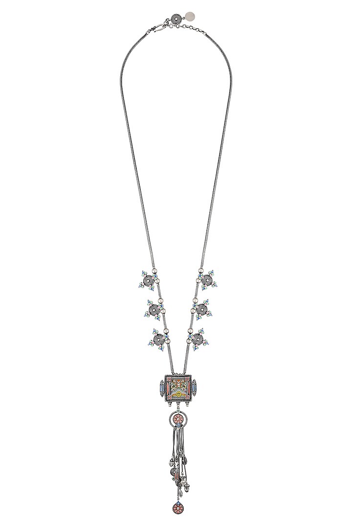 Oxidised Silver Finish Handcrafted Enameled Charm Necklace by Tribe Amrapali at Pernia's Pop Up Shop