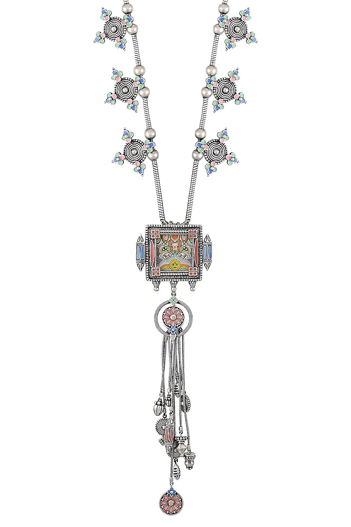 Oxidised Silver Finish Handcrafted Enameled Charm Necklace by Tribe Amrapali at Pernia's Pop Up Shop