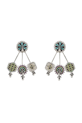 Oxidised Silver Finish Enameled Earrings In Sterling Silver by Tribe Amrapali