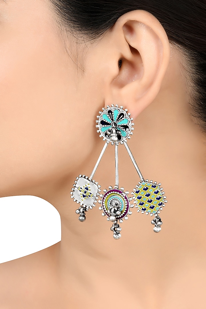 Oxidised Silver Finish Enameled Earrings In Sterling Silver by Tribe Amrapali at Pernia's Pop Up Shop