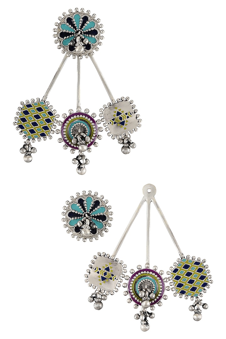 Oxidised Silver Finish Enameled Earrings In Sterling Silver by Tribe Amrapali at Pernia's Pop Up Shop