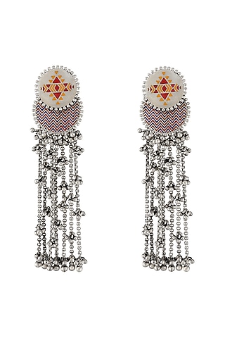 Oxidised Silver Finish Enameled Dangler Earrings In Sterling Silver by Tribe Amrapali