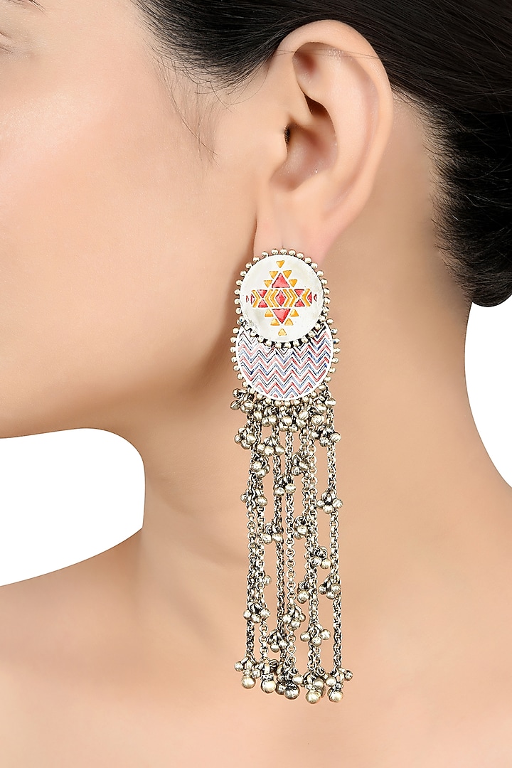 Oxidised Silver Finish Enameled Dangler Earrings In Sterling Silver by Tribe Amrapali at Pernia's Pop Up Shop