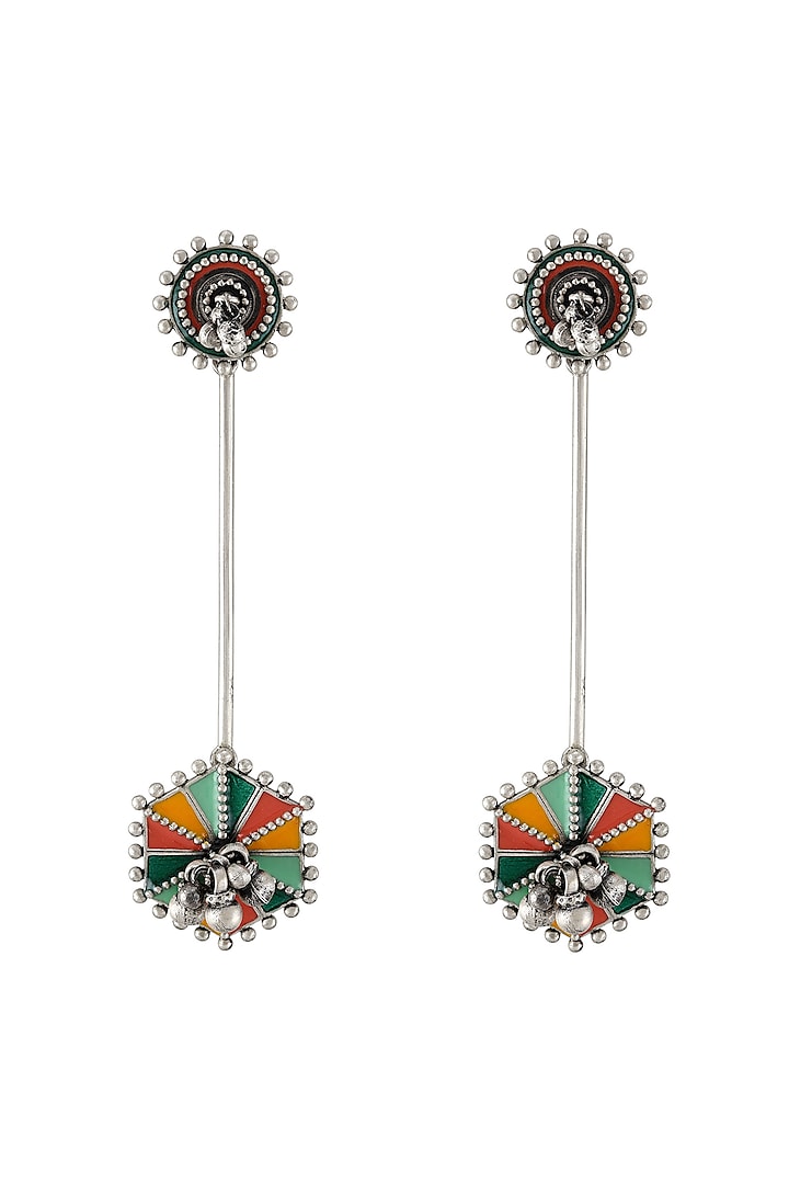 Oxidised Silver Finish Ghungroo Enameled Earrings In Sterling Silver by Tribe Amrapali