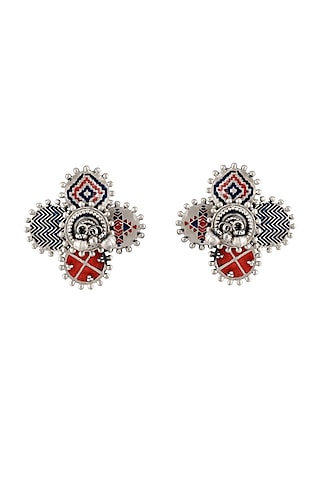 Oxidised Silver Finish Enameled Ear Studs In Sterling Silver by Tribe Amrapali
