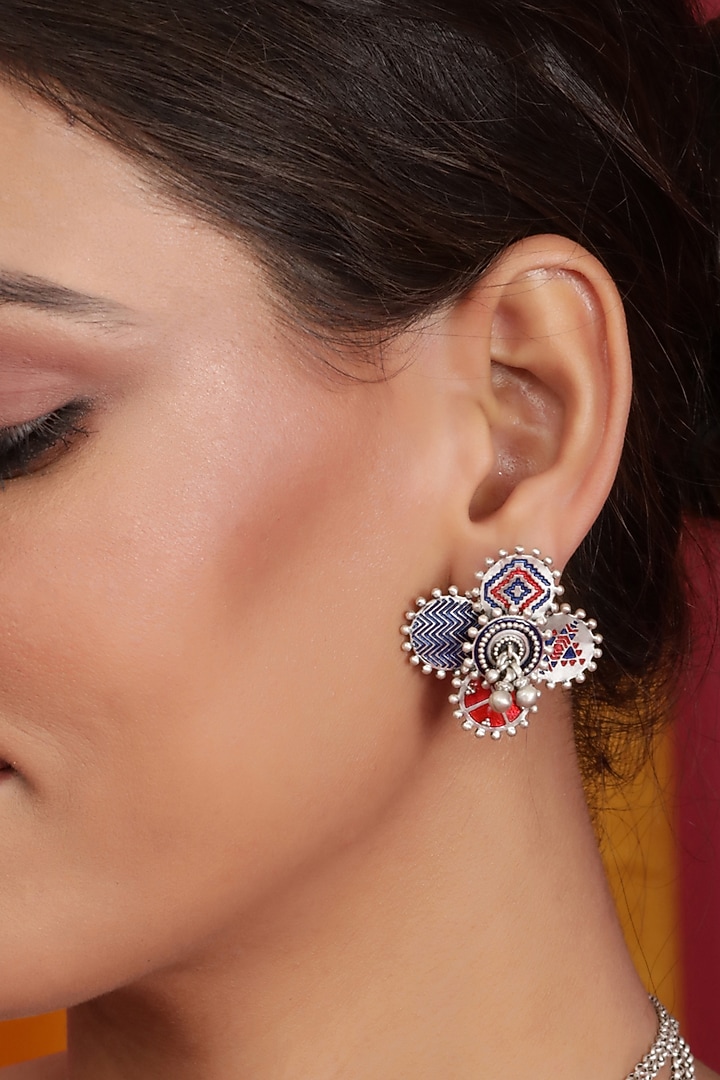 Oxidised Silver Finish Enameled Ear Studs In Sterling Silver by Tribe Amrapali at Pernia's Pop Up Shop