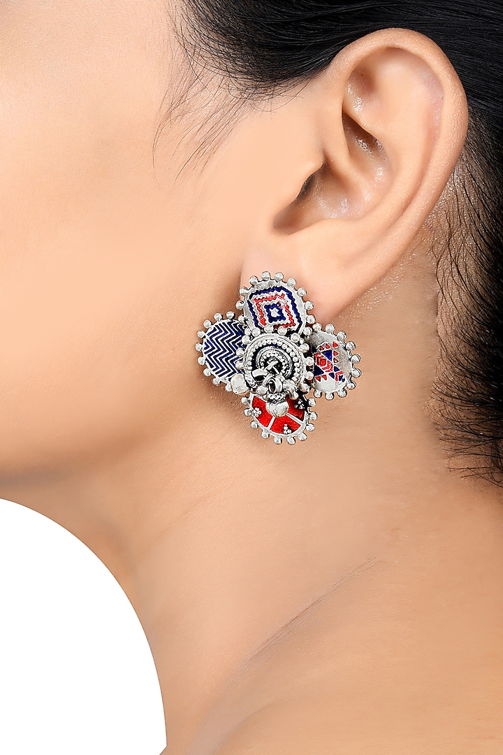 Oxidised Silver Finish Enameled Ear Studs In Sterling Silver by Tribe Amrapali at Pernia's Pop Up Shop